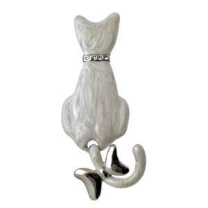  Acosta Brooches   White Enamel Cat Brooch with Moving Tail 