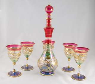 Egyptian handmade Glass Wine Set (5 glasses/decanter)  