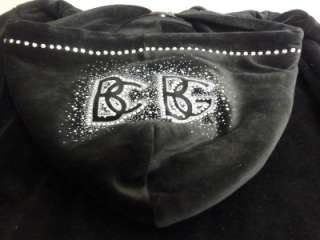 BCBG MaxAzria Logo Sweat Hoodie Pant Track Set Black Velour Silver 