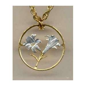   : Beautifully Cut out & 2 toned Bermuda Lily   coin Necklace: Beauty