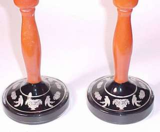 Pr) Egyptian Revival Orange Black Silver Candlesticks  