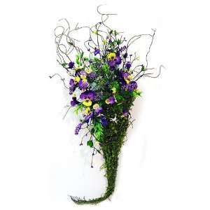   Hanging Purple Pansy Flowers in Moss Wall Basket Cone