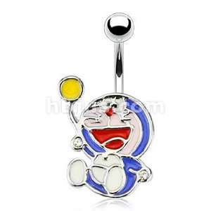   Navel Ring with Enamel Colored Robotic Blue Cat with CZs: Jewelry