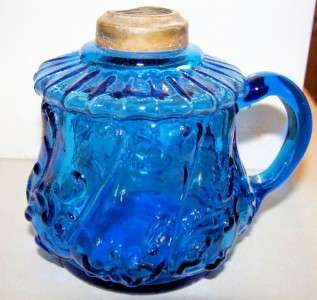 ANTIQUE BLUE GLASS FINGER OIL LAMP BASE  