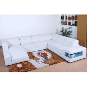 Savanna Leather Sectional Sofa with Glass Shelf   White  