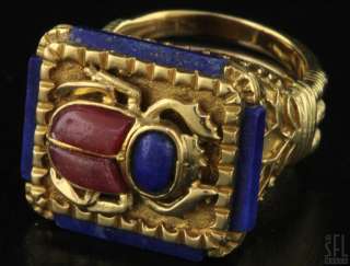 MAYORS HEAVY 18K GOLD CORAL/LAPIS LAZULI SCARAB BEETLE COCKTAIL RING 