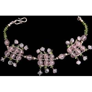  Rose Quartz and Peridot Bracelet with Charm   Sterling 