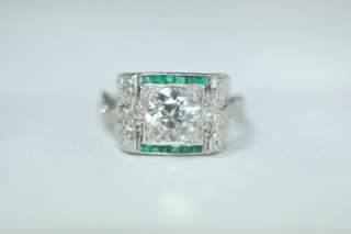Original 1920s Deco 1.60ct Old Miner Diamond & Emerald Engagement 