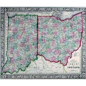    Mitchell 1864 Antique Map of Ohio & Indiana