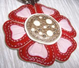 Brighton Flower Rose Red Pink Key Chain Fob Leather New  