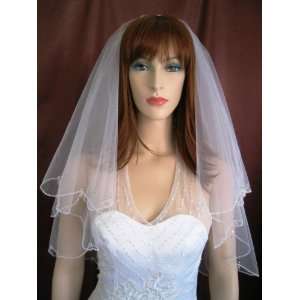    2T White Fingertip Beaded Crystal Bridal Wedding Veil Beauty