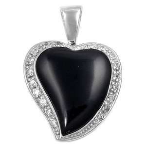  Sterling Silver Pendant  Black Stone Heart   Clear Cubic 
