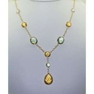  14K Yellow Gold Green Amethyst and Citrine Necklace 16 
