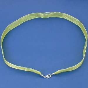 Organza Ribbon Necklace Olive Green w Sterling Silver Clasp 17 Inch 