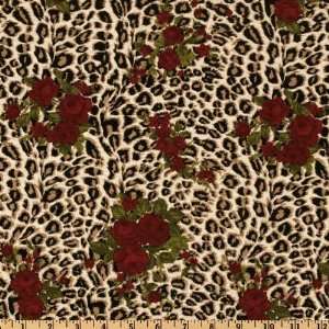   Wide Cotton Baby Rib Knit Cheetah Rose Dark Red/Tan Fabric By The Yard