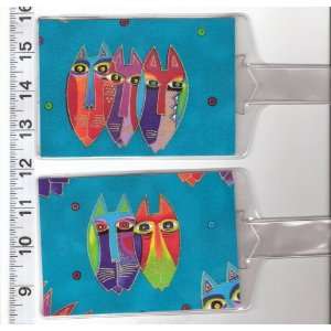   of 2 Luggage Tags Made with Laurel Burch Jungle Cat Mask Teal Fabric
