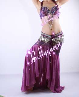 belly dance 3pcs costume bra&skirt&Scarf Purple  
