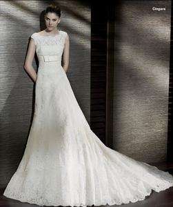 Lace A line Noble white short sleeve Wedding bridal Dress sash zipper 