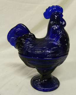 Cobalt Glass Rooster on Nest Dish  