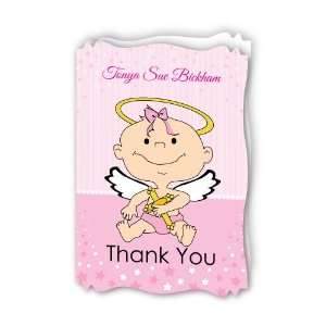 Angel Baby Girl   Personalized Baptism Thank You Cards With Squiggle 