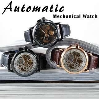   Gift Goer Luxury Golden Skeleton Mechanical Men Boy Lady Leather Watch