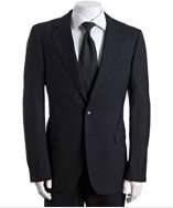 Gucci black striped wool two button suit with flat front pants style 