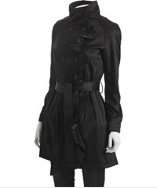 Tahari black sateen ruffle front belted trench style# 314008201