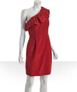 Shoshanna red cotton faille one shoulder ruffle dress   up to 