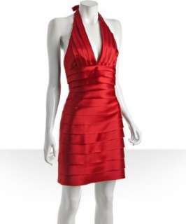 BCBGMAXAZRIA red shutter pleated sateen v neck halter dress   