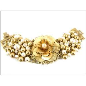  Light and Dark Gold Tone Book Chain Bracelet with Floral 