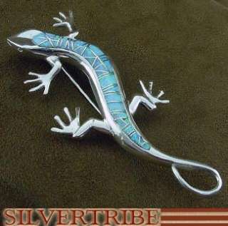 Created Blue Opal & Silver Inlay Gecko Pin Pendant  