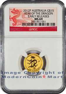 2012 P Australia 1/10 Oz Gold Lunar (Series 2) Year of the Dragon $15 