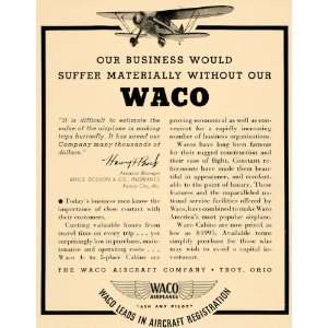   Ad Waco Aircraft Airplanes Airway Troy Ohio Travel   Original Print Ad