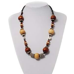  Light & Dark Brown Wood Bead Cord Necklace   56cm: Jewelry