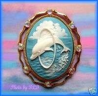 PRETTY BABY BLUE 3/D DOLPHIN CAMEO Goldtone Costume Jewelry PIN 