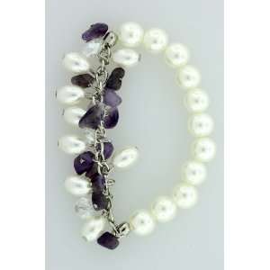   Amethyst Purple Shell Chips and Pearl Shaped Beads Bracelet: Jewelry