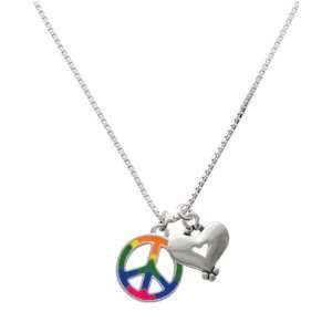   Large Rainbow Colored Peace Sign and Silver Heart Charm Necklace