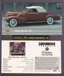 1939 CADILLAC SERIES 75 Car And Driver PHOTO SPEC CARD  