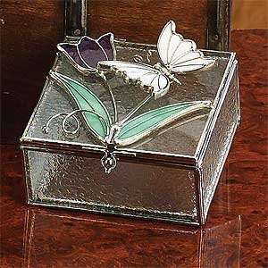   Purple Tulip Design Square Crackled Glass Jewelry Box
