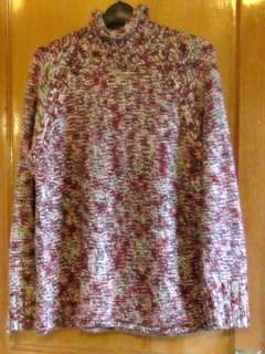   Wool Blend Roll Neck Fisherman Sweater Size L Gray White Burgundy Pink