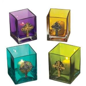 Jeweled Cross Square Votive Holder Glass & Pewter Candleholder Set 