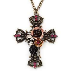  Cross, Roses & Skull Vintage Pendant Necklace In Bronze 