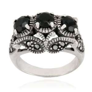  Sterling Silver Marcasite and Faceted Onyx Ring, Size 8 