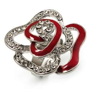   Crystal Red Enamel Rosebud Ring (Rhodium Plated Finish): Jewelry