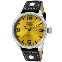 Invicta Mens Vintage Yellow Dial Black Leather Watch   