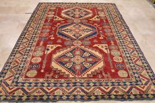 8x10 WOOL HAND KNOTTED AREA RUG KAZAK RED IVORY w/BLUE  