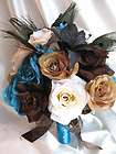 Wedding Bouquet Bridal Silk flowers BROWN TURQUOISE CREAM PEACOCK LILY 