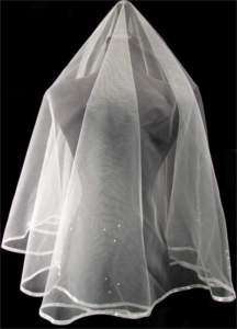 White Bridal Veil with Satin Edge Pearls & Rhinestones  