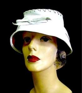 Vtg 60s White Leather Bucket Hat w Tie Front Detail  
