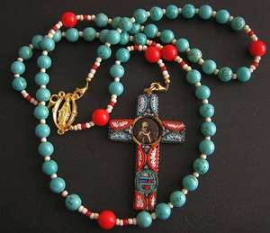 ROSARY TURQUOISE CORAL PIUS XI MICRO MOSAIC CROSS  
